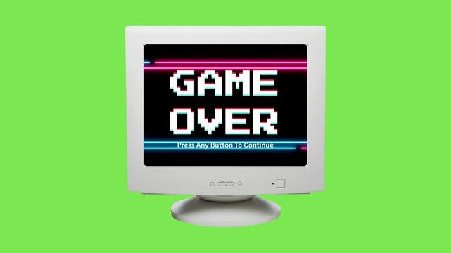 Retro 'GAME OVER' message on a vintage CRT monitor, featuring pixelated graphics and vibrant neon lines, evoking the nostalgic charm of classic arcade gaming culture