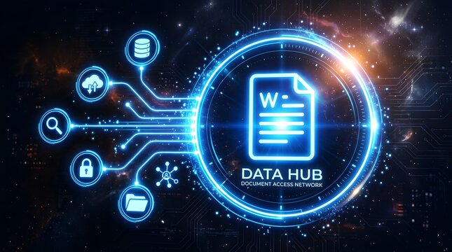 Data hub document access network concept with glowing blue icons and connections