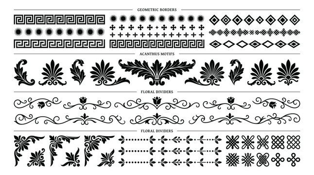 Set of black decorative vintage borders, acanthus leaf motifs, floral dividers, and geometric patterns on a white background