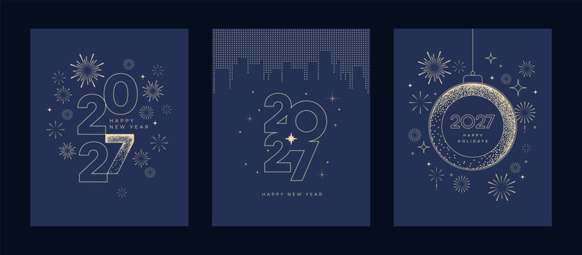 Luxury 2027 New Year card template set with gold 2027, fireworks, New Year's Eve ball, holiday city skyline on dark blue background. Elegant minimal design for corporate holiday greetings - vector