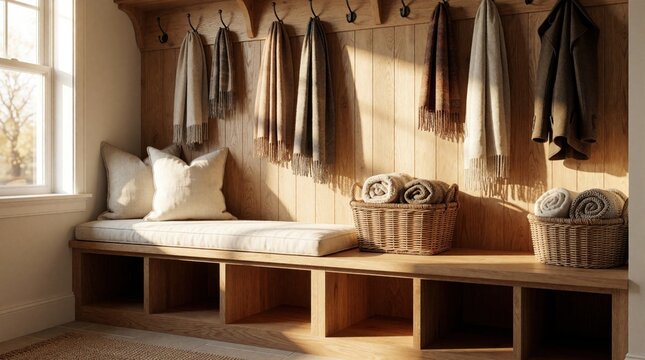 Wooden bench with storage cubbies in cozy hallway. Warm sunlight hits beige cushions, pillows, wicker baskets with folded towels. Stylish mudroom interior features wood wall with hanging scarves,