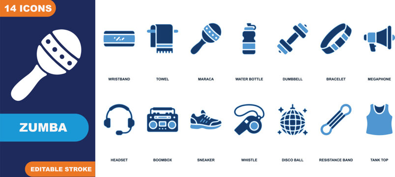 14 zumba icons in flat design with editable stroke for illustration vector