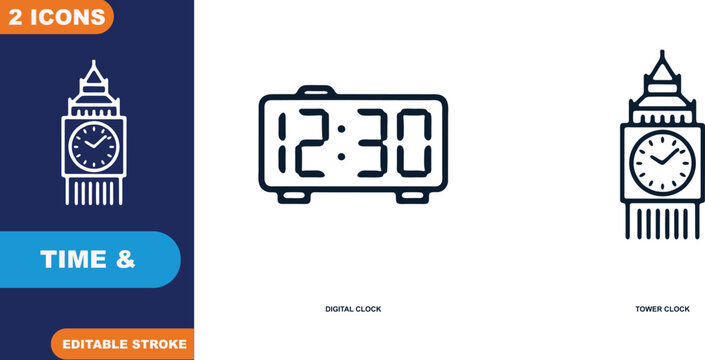 Set of 2 time and clock related icons with digital clock tower clock and more