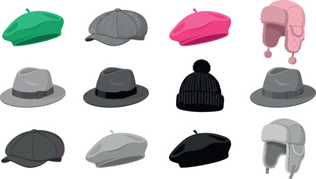 Winter and Fashion Hat Icon Set featuring Berets, Fedoras, Ushanka Winter Caps, Beanie, and Newsboy Flat Caps for Headwear Vectors