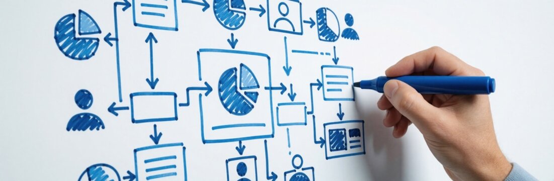 Close up of hand drawing flowchart on whiteboard with blue marker. Person creates complex business diagram with charts, icons, connecting arrows. Strategic planning session shows data analysis,