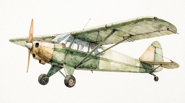 Vintage green propeller plane flies in sky. Hand drawn watercolor illustration of old light aircraft. Retro aviation design with classic engine, wings. Retro airplane transport for travel rescue