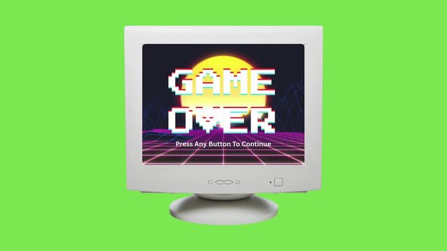 Nostalgic digital concept of a vintage computer monitor screen showing a pixel art 'Game Over' message with a synthwave grid background, embodying retro gaming culture