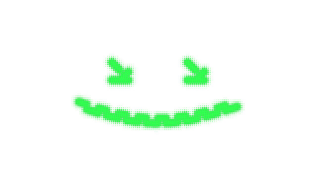Vibrant green pixel art smiley face with expressive eyes and mouth for playful digital communication and design.