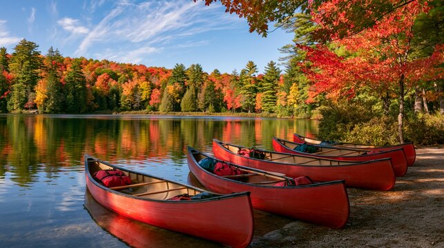 a serene lakeside scene. A row of red canoes are positioned on the shore of a calm lake, their reflections shimmering on the waters surface. The canoes have red bags and wooden paddles.