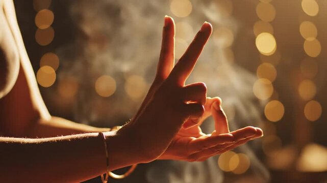 Close up view of human hands forming a traditional mudra gesture surrounded by soft smoke and warm bokeh lights