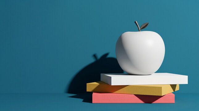 Minimalist 3D render of white apple on colorful geometric blocks against teal wall with copy space