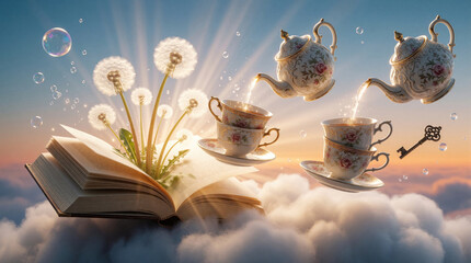Obraz premium Open magic book floats on white clouds with flying teapots, cups. Dandelion seeds, tea pouring in midair create fantasy scene. Glowing light rays shine through whimsical tea set, bubbles in dream sky.