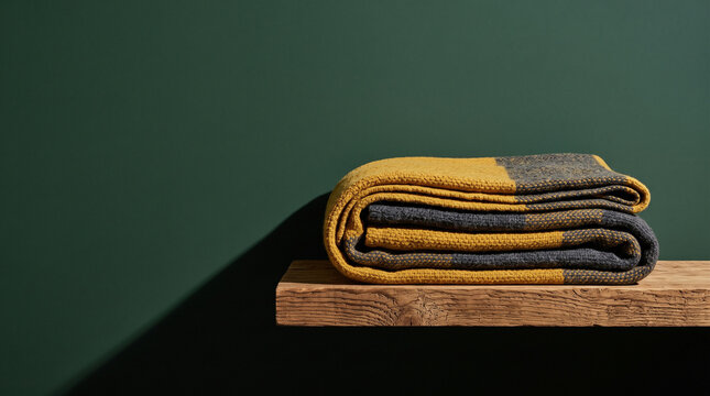 Folded mustard yellow and grey wool blanket on rustic wooden shelf against dark green wall with copy space