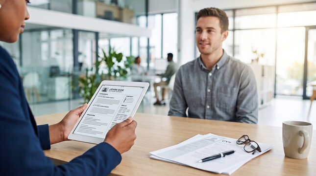 Professional recruiter evaluates a digital resume on a tablet while interviewing a male candidate at a wooden table in a bright modern office