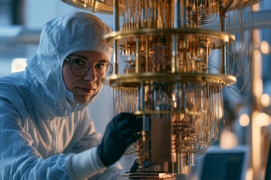Person in cleanroom suit and glasses examining quantum computing hardware with gold components
