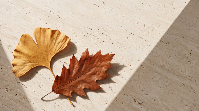 Dried ginkgo and oak leaves with sharp geometric shadow on beige travertine stone with copy space