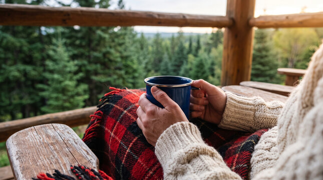 Hands in chunky knit sweater peacefully holding blue enamel mug over red plaid blanket on cabin porch against forest backdrop