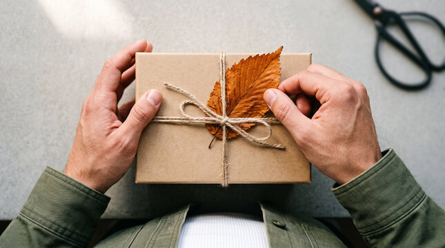 Male hands carefully decorating eco-friendly kraft gift box with dried autumn leaf against neutral tabletop backdrop
