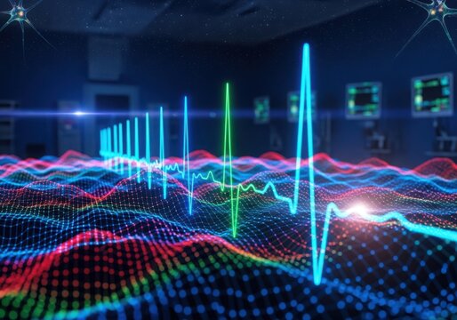 Abstract visualization of glowing blue and green electrocardiogram heart rate monitor waves over a digital data landscape in a dark room