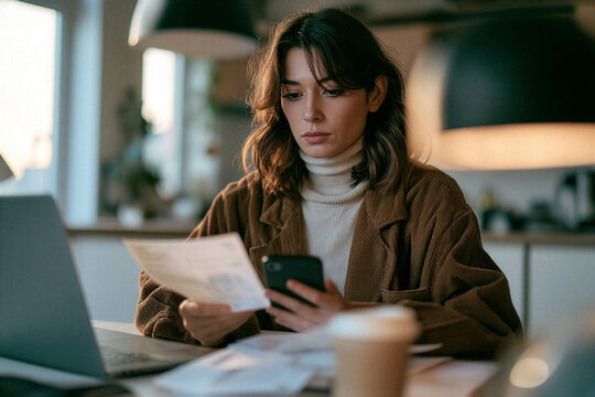 Woman reviewing documents while using smartphone at home office desk with laptop