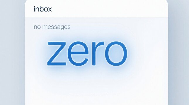 Empty email inbox with zero notifications on clean white minimalistic digital interface. Blue zero text displays no messages in mailbox. Concept of digital detox, organization, productivity, calm