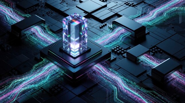Isometric 3D view of AI observability platform with holographic data cube on microchip. Digital telemetry stream flows through circuit board using glowing light lines. Futuristic enterprise tech
