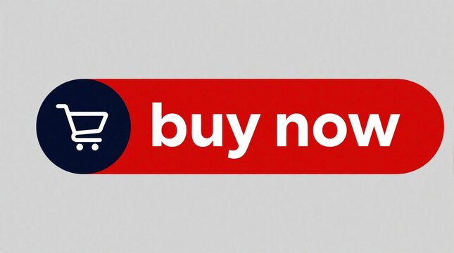 Red e-commerce button with buy now text, white shopping cart icon. Blue circular element contains cart symbol. Digital call to action graphic for online shop, retail website, web interface, mobile