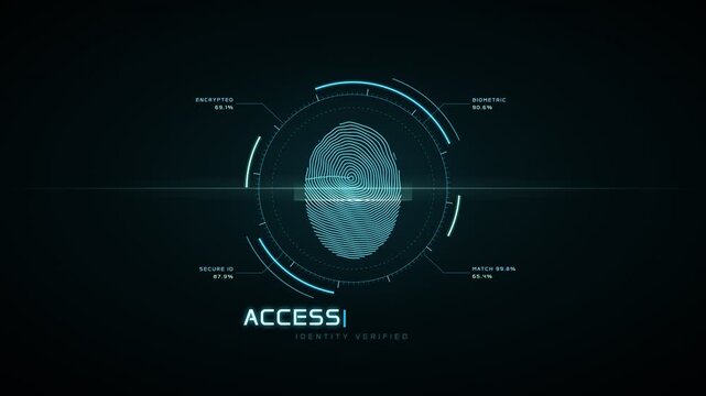 Digital fingerprint scan progress with access granted and identity verified on futuristic HUD interface