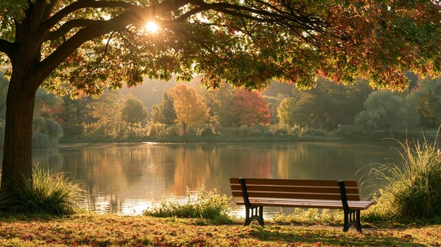 a tranquil lakeside scene. The main subject is a wooden bench situated on the bank of a still lake, surrounded by lush greenery. The lake reflects the surrounding trees and foliage.