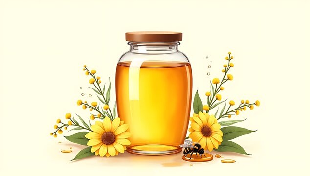 Glass jar filled with fresh golden honey decorated with yellow sunflowers and a bee
