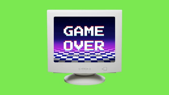 Retro computer monitor showing a vibrant pixelated "Game Over" screen, featuring a checkerboard pattern and gradient background, evoking classic digital gaming nostalgia
