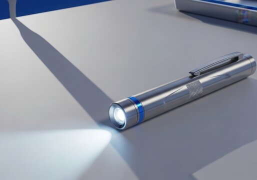 A sleek, metallic penstyle flashlight with a bright beam shining onto a light gray surface, casting a long shadow