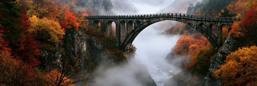 a stone bridge spanning a gorge in autumn. The bridge, with its arches and pillars, is the focal point, surrounded by a dense forest of vibrant fall foliage in shades of red, orange, yellow.