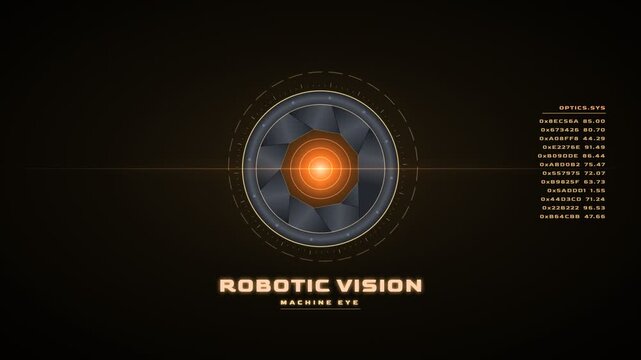 Futuristic robotic eye lens with aperture opening and data overlay, representing machine vision and artificial intelligence