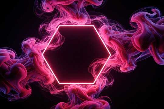 Abstract neon pink hexagon shape glows in dark space. Vibrant magenta smoke, clouds swirl around geometric frame. Modern digital background with glowing light lines, colorful mist effect for tech