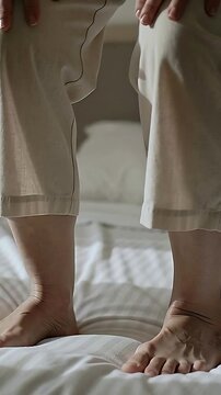 Vertical video: Shifting senior flexing toes on bed while upright to steady, in rings and pajamas