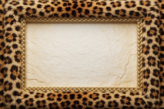 Luxury leopard print fur frame with golden braided border on textured paper. Exotic animal skin pattern background for fashion safari design. Elegant wild cat texture decoration for glamour