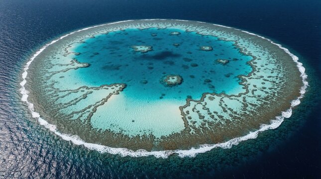 Aerial drone view of circular coral reef atoll in deep blue ocean. Turquoise lagoon water surrounds tropical ring formation with underwater coral structures. Beautiful marine ecosystem seen from
