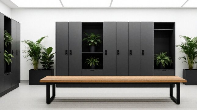 Modern gray lockers with indoor plants in black pots stand against white wall. Long wooden bench with black metal legs sits in bright minimalist room. Clean design of school locker room gym changing