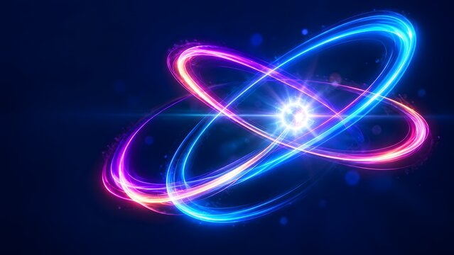 Glowing neon blue and magenta atomic orbital rings surrounding bright energy core on dark background for quantum technology
