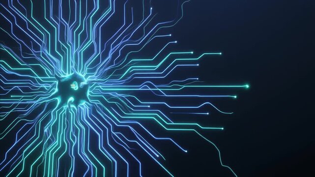 Glowing blue and cyan light strands forming an active neural network pattern