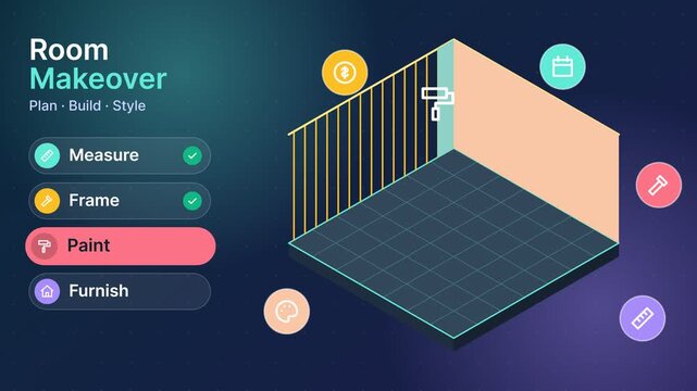 Isometric 3D animation of a room makeover app interface building a furnished bedroom step by step on a dark background
