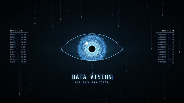 Digital eye observing data stream with binary code falling like rain, representing big data analytics and surveillance