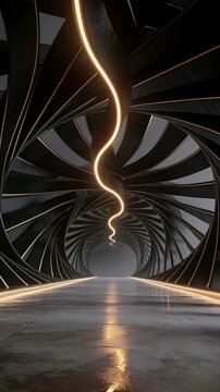 Vertical video: Moving camera down spiral corridor toward aperture, showing warm light reflection