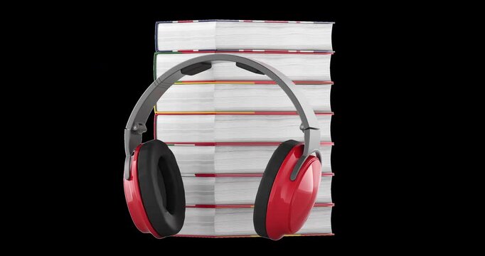 Language learning books and headphones rotation animation seamlessly loopable. 3D rendering isolated on transparent background