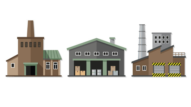 Industrial factory buildings set with pixel art style for game asset design