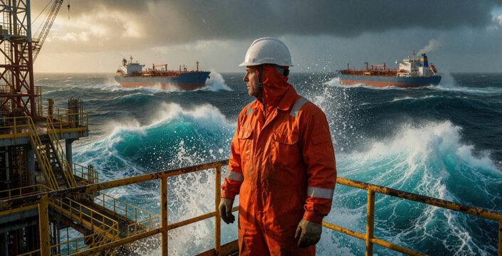 Lone offshore oil worker in orange coveralls, white helmet stands on industrial rig platform. Man looks at rough sea waves, large tanker vessels during storm. High seas, heavy weather at maritime oil