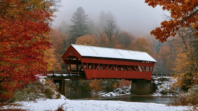 a red wooden covered bridge spanning a river. The bridge has a white metal roof and is supported by stone pillars. Snow covers the ground, and the river reflects the colors of the trees.