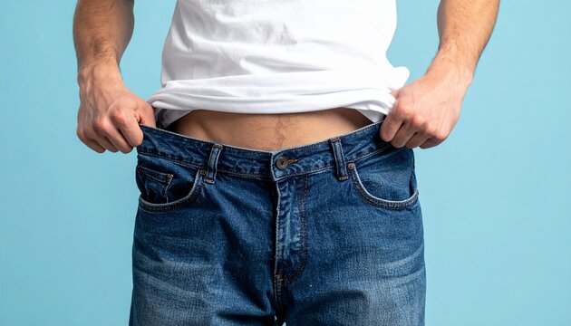 Person Showing Weight Loss By Holding Loose Jeans After Achieving A Slimmer Waist And Healthier Body Through Diet Exercise And Lifestyle Changes At Home