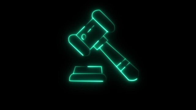 Glowing blue neon judge gavel icon representing law and justice on a dark background